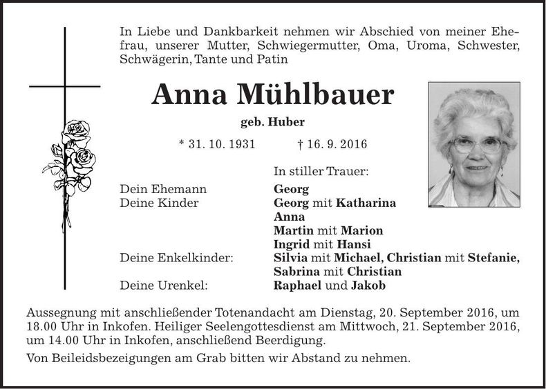 Traueranzeige Anna Mühlbauer