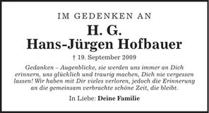 Traueranzeige Hans-Jürgen Hofbauer