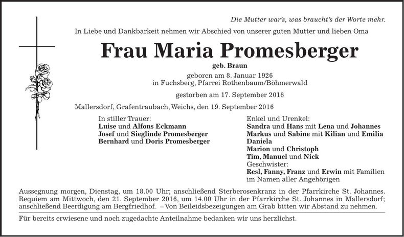 Traueranzeige Maria Promesberger