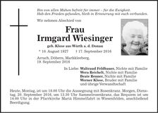 Traueranzeige Irmgard Wiesinger