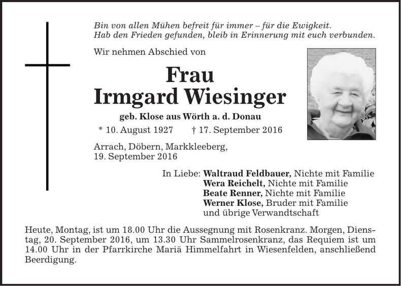 Traueranzeige Irmgard Wiesinger