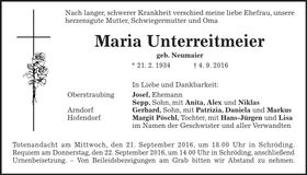 Traueranzeige Maria Unterrreitmeier