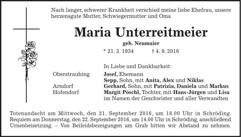 Traueranzeige Maria Unterrreitmeier