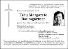 Traueranzeige Margarete Baumgartner
