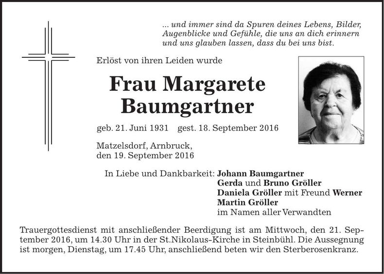 Traueranzeige Margarete Baumgartner