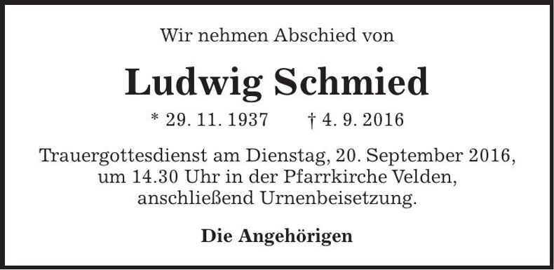 Traueranzeige Ludwig Schmied