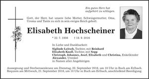 Traueranzeige Elisabeth Hochscheiner