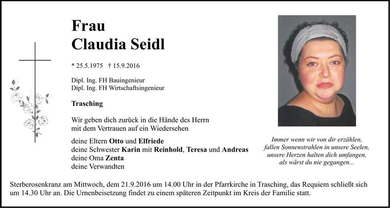 Traueranzeige Claudia Seidl