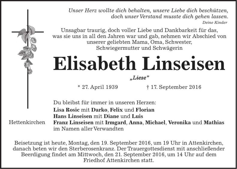 Traueranzeige Elisabeth Linseisen