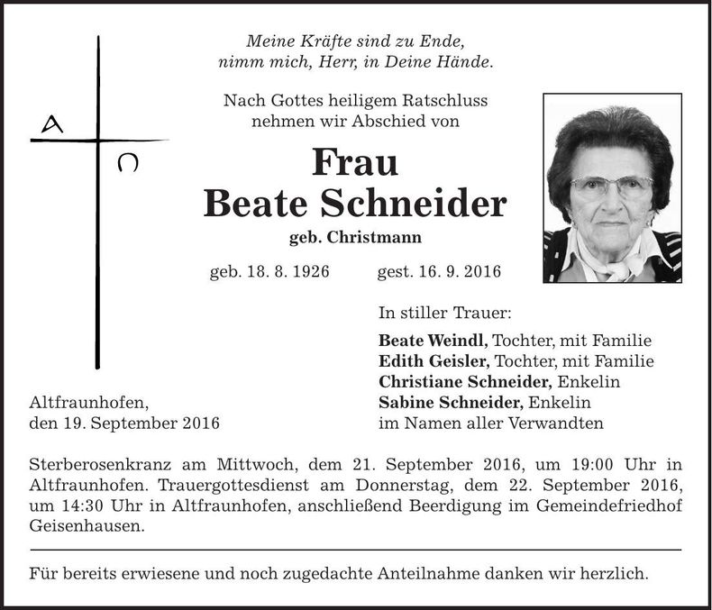 Traueranzeige Beate Schneider