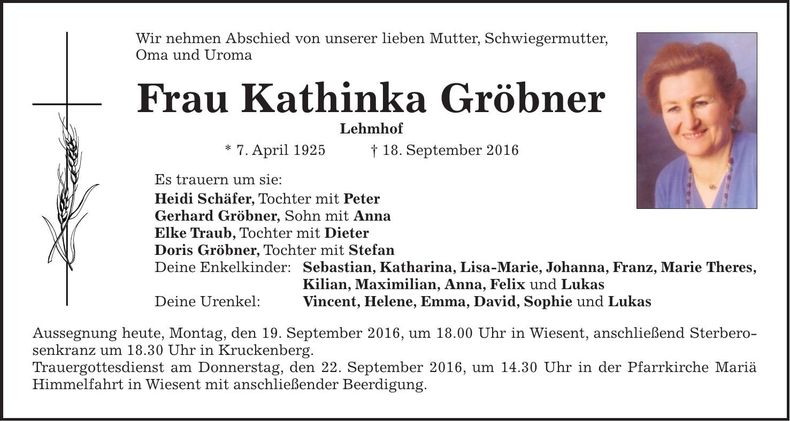 Traueranzeige Kathinka Gröbner