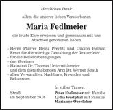 Traueranzeige Maria Fedlmeier