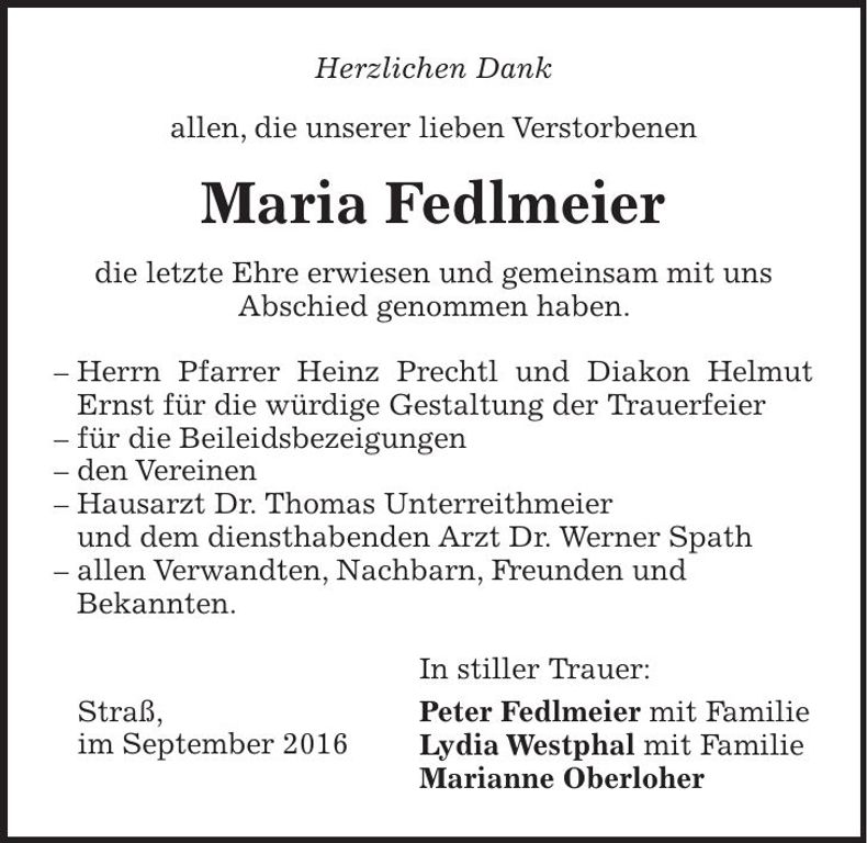 Traueranzeige Maria Fedlmeier