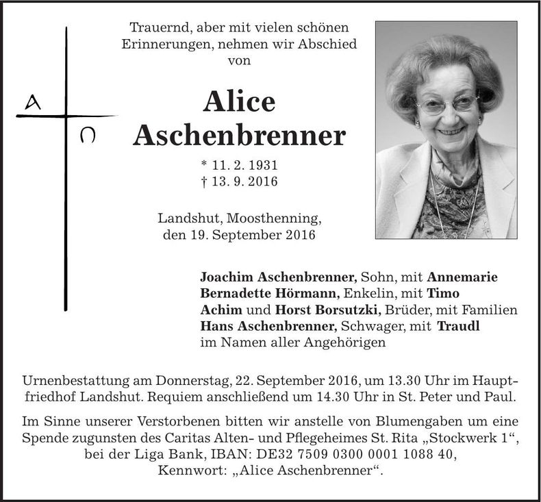Traueranzeige Alice Aschenbrenner