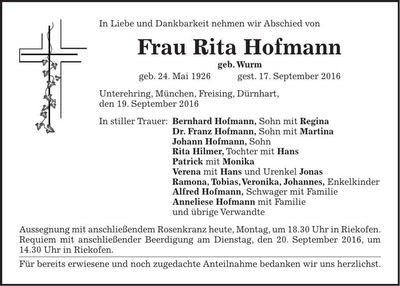 Traueranzeige Rita Hofmann
