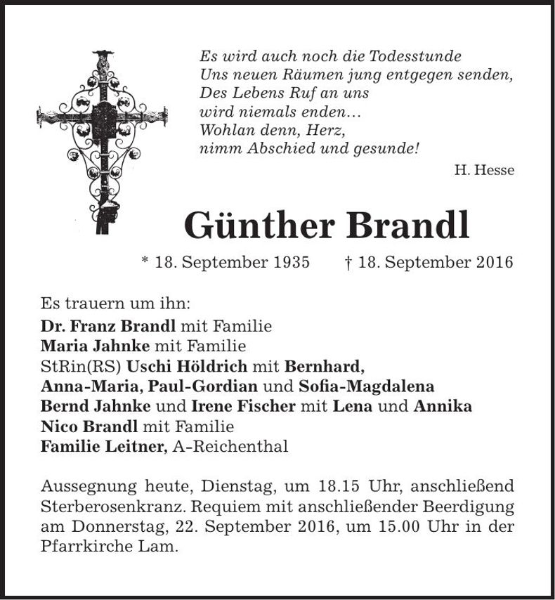 Traueranzeige Günther Brandl