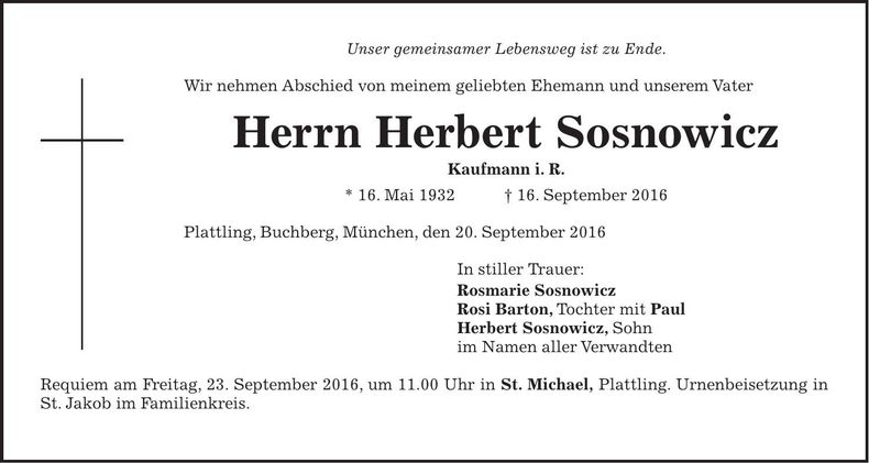 Traueranzeige Herbert Sosnowicz