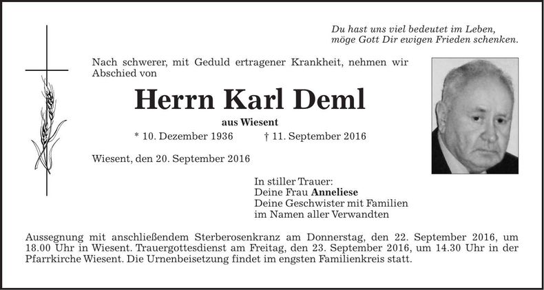 Traueranzeige Karl Deml
