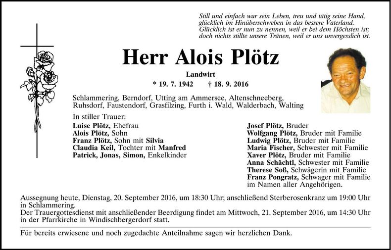 Traueranzeige Alois Plötz