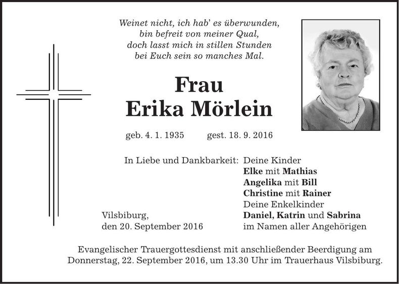 Traueranzeige Erika Mörlein