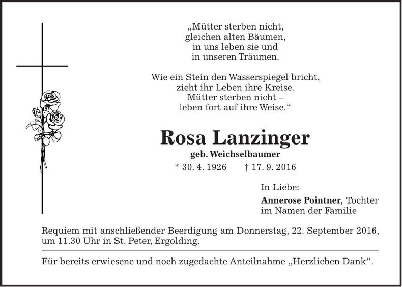 Traueranzeige Rosa Lanzinger