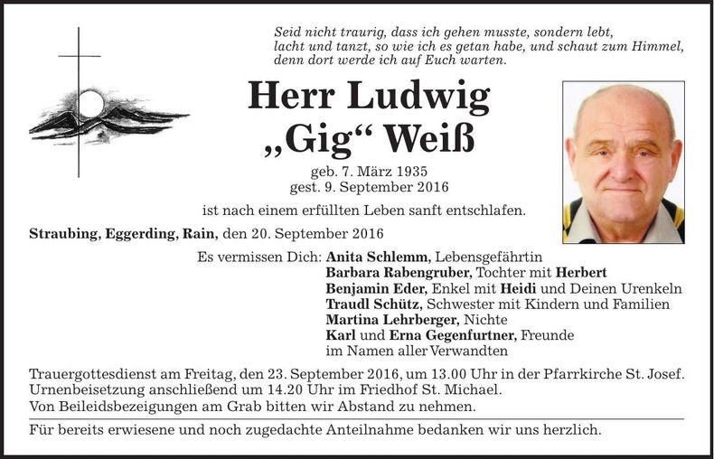 Traueranzeige Ludwig "Gig" Weiß