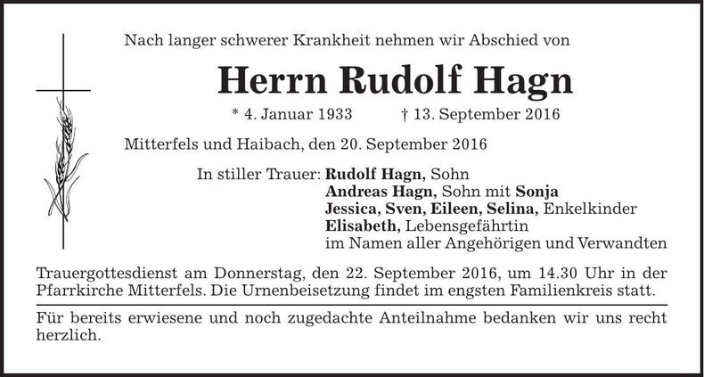 Traueranzeige Rudolf Hagn