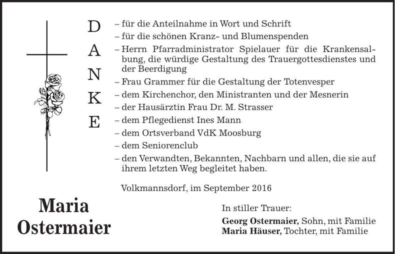 Traueranzeige Maria Ostermaier