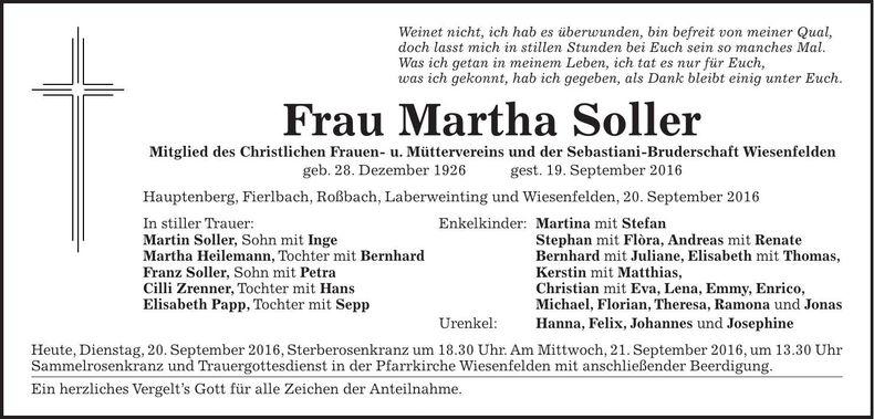 Traueranzeige Martha Soller