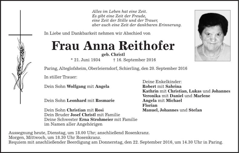 Traueranzeige Anna Reithofer