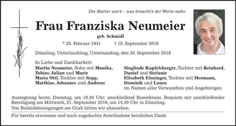 Traueranzeige Franziska Neumeier
