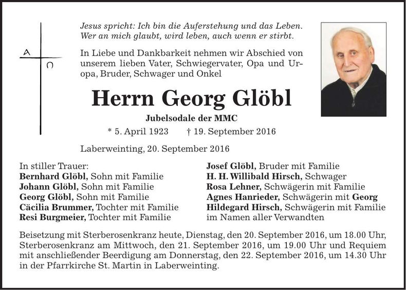 Traueranzeige Georg Glöbl