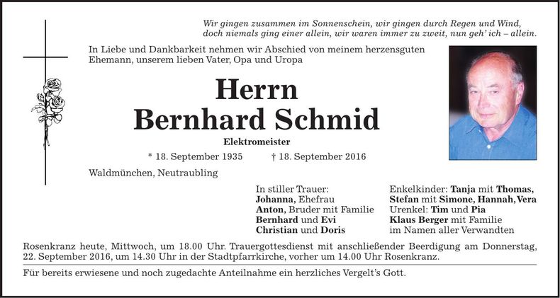 Traueranzeige Bernhard Schmid