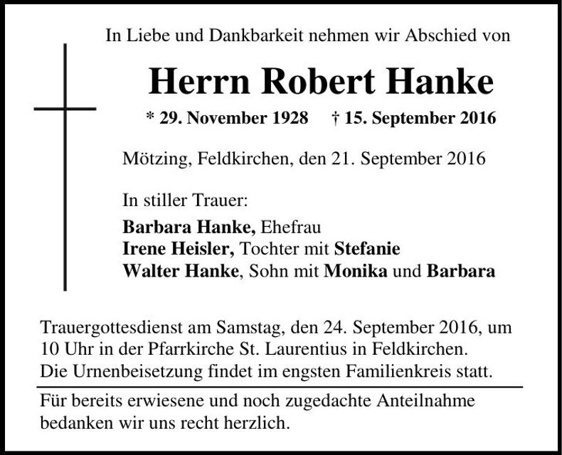 Traueranzeige Robert Hanke