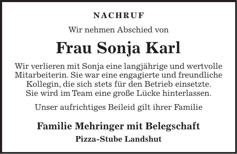 Traueranzeige Sonja Karl