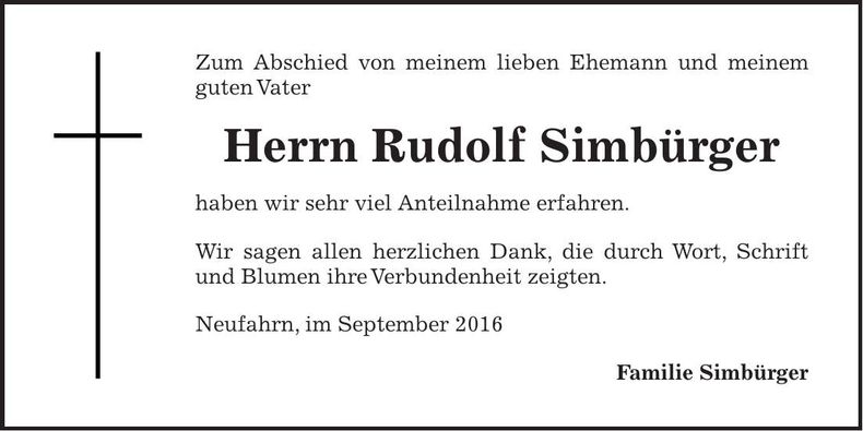 Traueranzeige Simbürger Rudolf