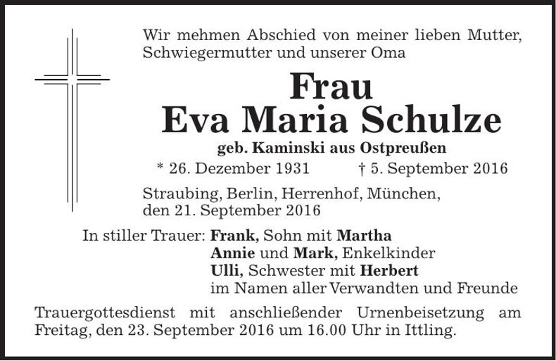 Traueranzeige Eva Maria Schulze