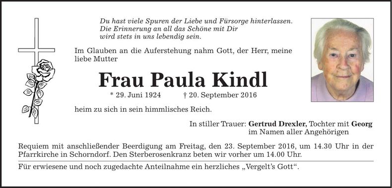 Traueranzeige Paula Kindl