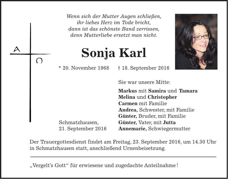 Traueranzeige Sonja Karl
