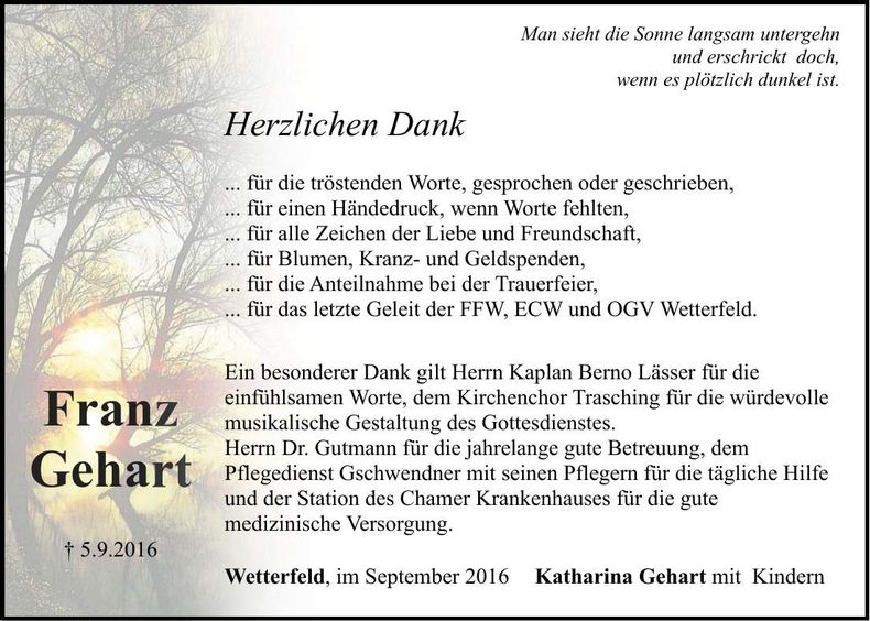 Traueranzeige Franz Gehart