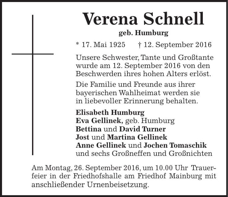Traueranzeige Verena Schnell
