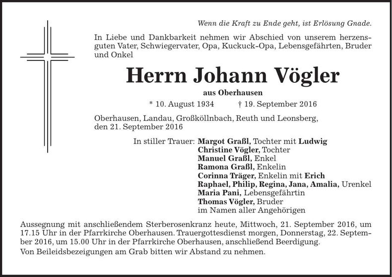 Traueranzeige Johann Vögler
