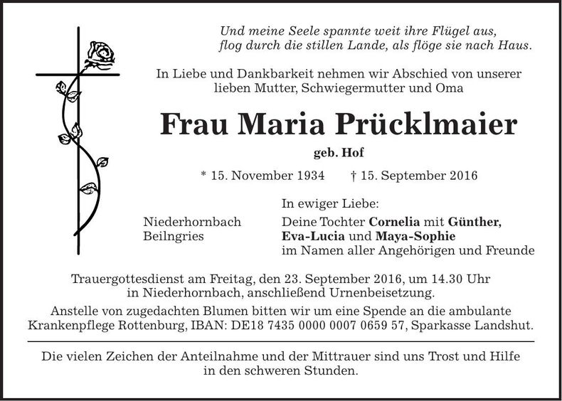 Traueranzeige Maria Prücklmaier