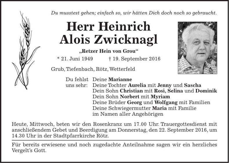 Traueranzeige Heinrich Alois Zwicknagl