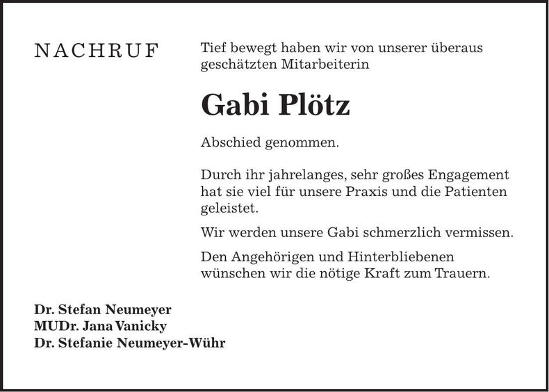 Traueranzeige Gabi Plötz