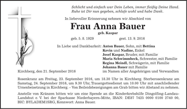 Traueranzeige Anna Bauer
