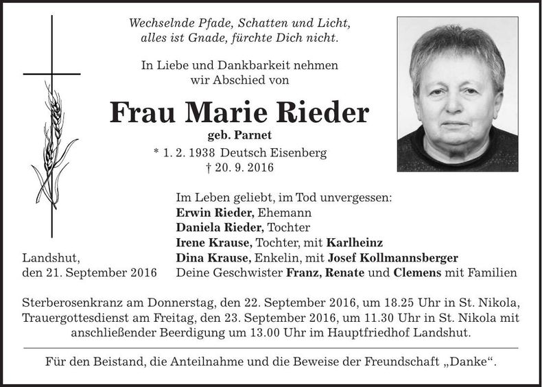 Traueranzeige Marie Rieder