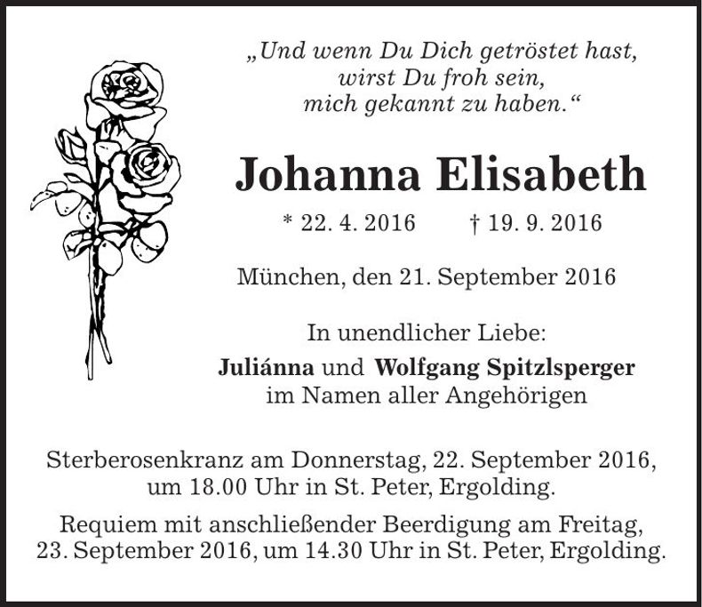 Traueranzeige Johanna Elisabeth Spitzlsperger
