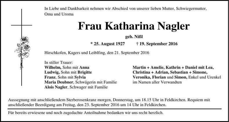 Traueranzeige Katharina Nagler