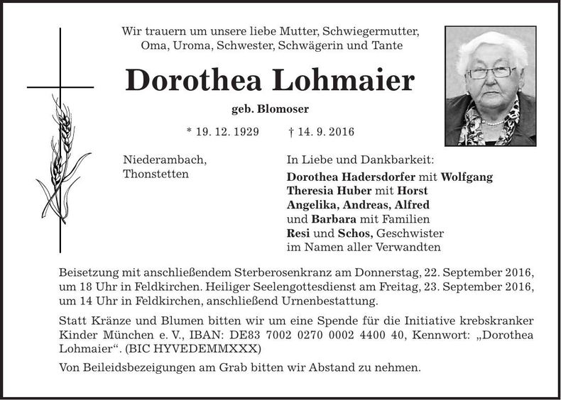 Traueranzeige Dorothea Lohmaier